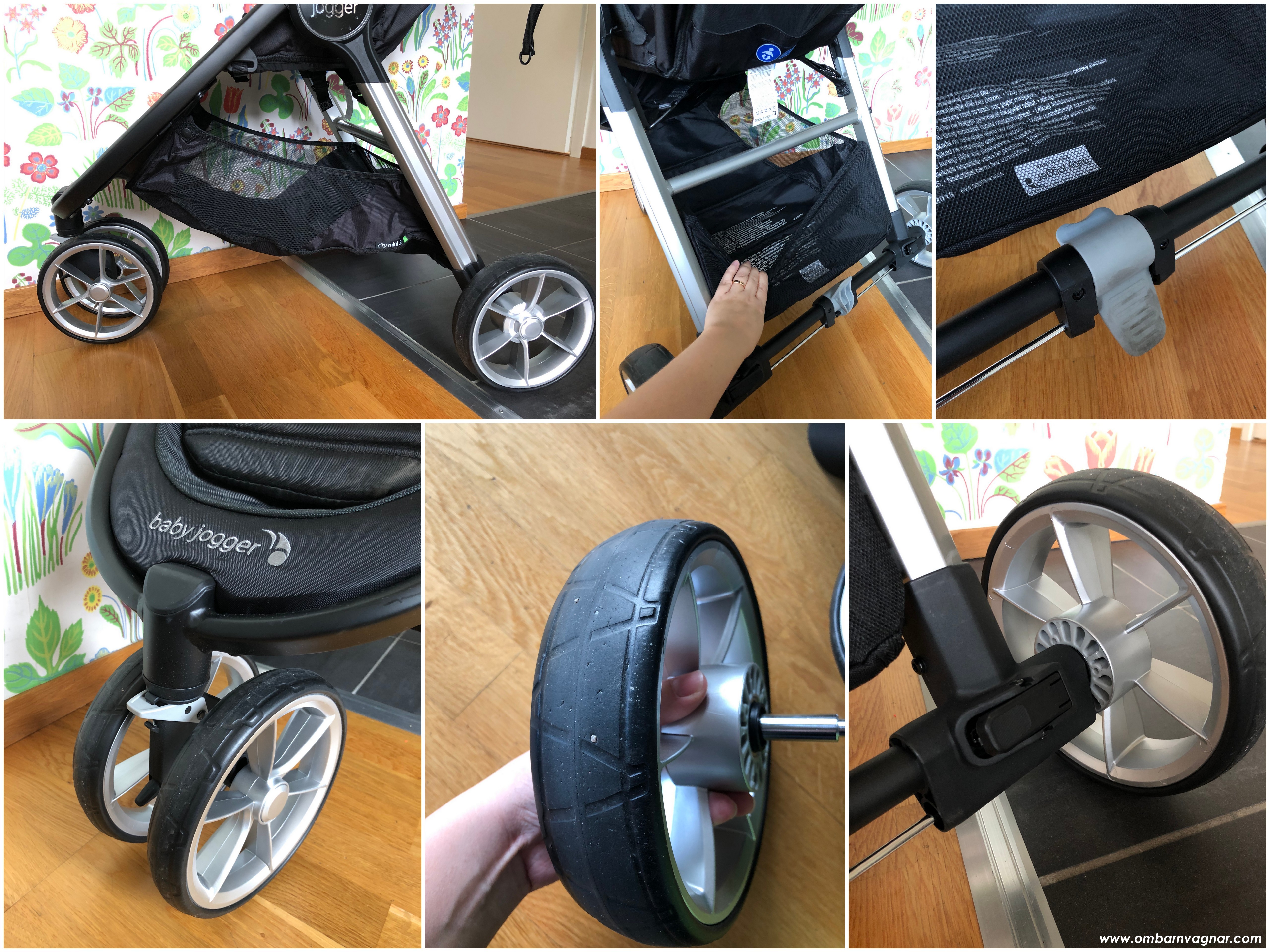 Punkteringsfria däck, rymlig varukorg och låsbart framhjul på Baby Jogger City Mini 2